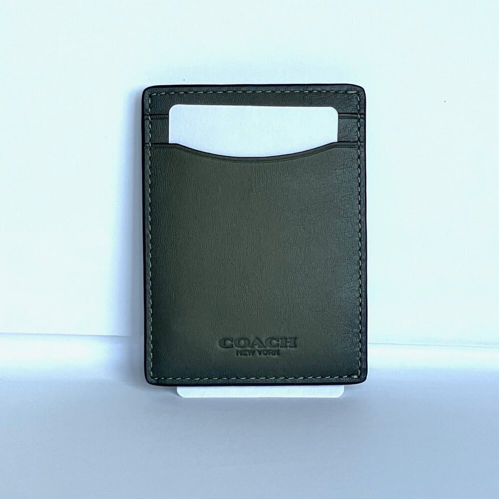 Coach Money Clip Card Case Mens Army Green Leather C6702 Wallet Compact - Picture 7 of 9
